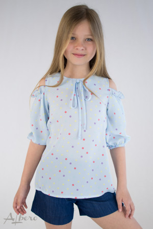 Блуза шифоновая с открытыми плечами в "горох" голубая Артикул:5080