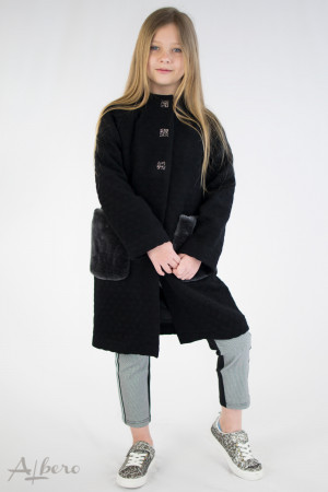 Пальто черное с меховыми карманами Артикул:7038