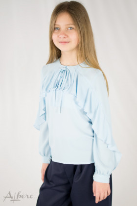 Блуза голубая шифоновая с воланом по полочке и рукаву Артикул:5072-B