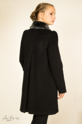 Пальто шерсяное черное в "горох" с накладными карманами  Артикул:7030